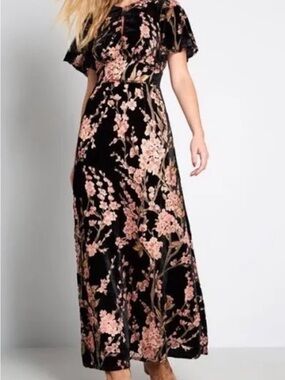 Modcloth Black Maxi Dress with Pink Floral Velvet